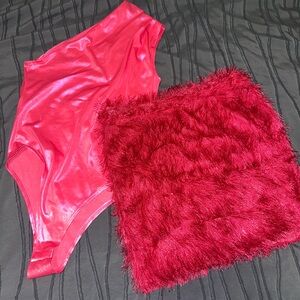 Pink bodysuit and Faux Fur skirt Set